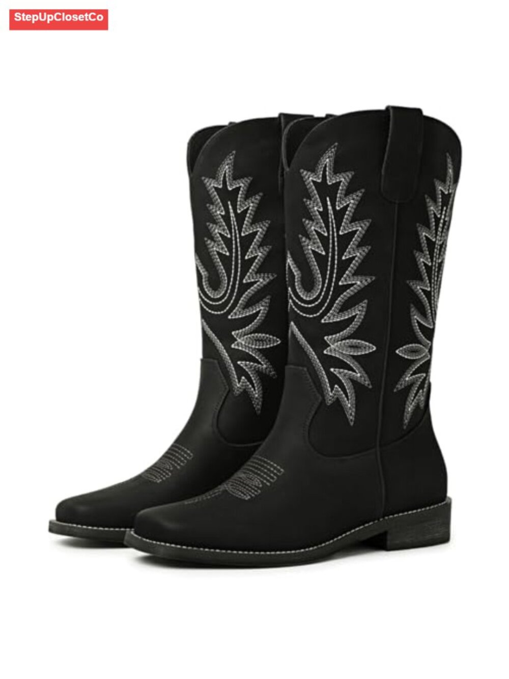 Western Cowgirl Boots Faux Leather Square Toe Mid Calf Embroidered